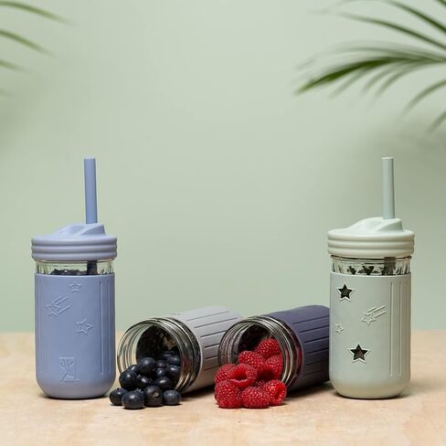 Elk and Friends Smoothie Cups For Kids & Toddler | The Original Glass Mason Jars 12 oz with Silicone Sleeves & Straws |Spill Proof| in Saudi Arabia