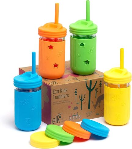 Elk and Friends Smoothie Cups For Kids & Toddler | The Original Glass Mason Jars 12 oz with Silicone Sleeves & Straws |Spill Proof| in Saudi Arabia