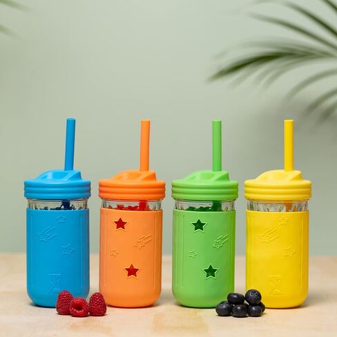 Elk and Friends Smoothie Cups For Kids & Toddler | The Original Glass Mason Jars 12 oz with Silicone Sleeves & Straws |Spill Proof| in Saudi Arabia