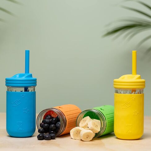 Elk and Friends Smoothie Cups For Kids & Toddler | The Original Glass Mason Jars 12 oz with Silicone Sleeves & Straws |Spill Proof| in Saudi Arabia