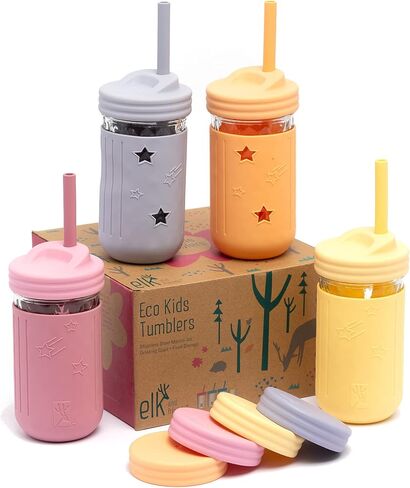 Elk and Friends Smoothie Cups For Kids & Toddler | The Original Glass Mason Jars 12 oz with Silicone Sleeves & Straws |Spill Proof| in Saudi Arabia