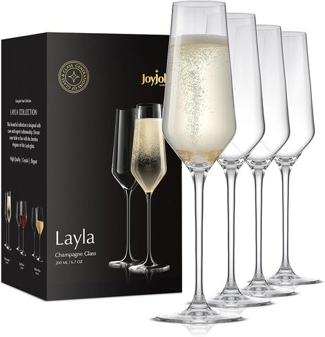 JoyJolt Champagne Flutes – Layla Collection Crystal Champagne Glasses Set of 4 – 6.7 Ounce Capacity – Ideal for Home Bar, Special Occasions – Made in Europe in Saudi Arabia