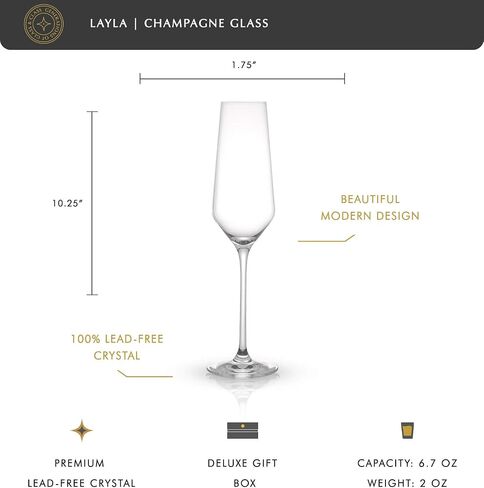 JoyJolt Champagne Flutes – Layla Collection Crystal Champagne Glasses Set of 4 – 6.7 Ounce Capacity – Ideal for Home Bar, Special Occasions – Made in Europe in Saudi Arabia
