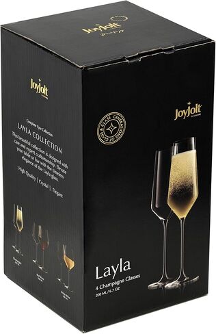 JoyJolt Champagne Flutes – Layla Collection Crystal Champagne Glasses Set of 4 – 6.7 Ounce Capacity – Ideal for Home Bar, Special Occasions – Made in Europe in Saudi Arabia