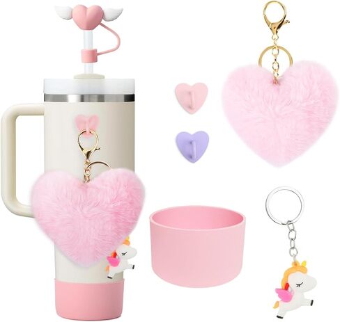 6 PCS Cup Accessories Set for Stanley 40oz & 30oz Tumbler.Including Silicone Boot,Straw Cover Cap,Heart Hook,Heart Pompom and Unicorn in Saudi Arabia
