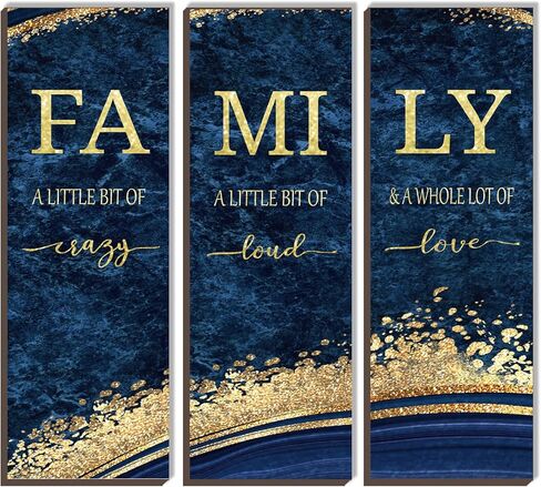 3 PCS Blue Gold Bathroom Decor Family Wall Signs Blue And Gold Wooden Wall Art Inspirational a Little Bit of Crazy Loud Love Rustic Wall Decor for Living Bathroom Bedroom(Blue Gold 12x4") in Saudi Arabia