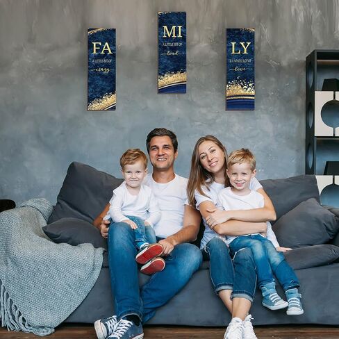 3 PCS Blue Gold Bathroom Decor Family Wall Signs Blue And Gold Wooden Wall Art Inspirational a Little Bit of Crazy Loud Love Rustic Wall Decor for Living Bathroom Bedroom(Blue Gold 12x4") in Saudi Arabia