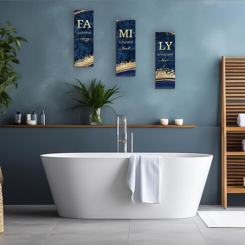 3 PCS Blue Gold Bathroom Decor Family Wall Signs Blue And Gold Wooden Wall Art Inspirational a Little Bit of Crazy Loud Love Rustic Wall Decor for Living Bathroom Bedroom(Blue Gold 12x4") in Saudi Arabia