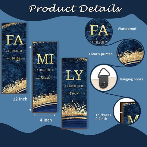 3 PCS Blue Gold Bathroom Decor Family Wall Signs Blue And Gold Wooden Wall Art Inspirational a Little Bit of Crazy Loud Love Rustic Wall Decor for Living Bathroom Bedroom(Blue Gold 12x4") in Saudi Arabia