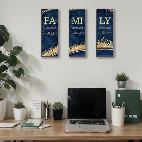3 PCS Blue Gold Bathroom Decor Family Wall Signs Blue And Gold Wooden Wall Art Inspirational a Little Bit of Crazy Loud Love Rustic Wall Decor for Living Bathroom Bedroom(Blue Gold 12x4") in Saudi Arabia
