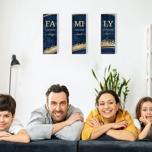 3 PCS Blue Gold Bathroom Decor Family Wall Signs Blue And Gold Wooden Wall Art Inspirational a Little Bit of Crazy Loud Love Rustic Wall Decor for Living Bathroom Bedroom(Blue Gold 12x4") in Saudi Arabia
