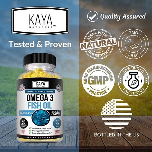 Kaya Naturals Omega 3 Supplement | Nature Made Omega 3 Fish Oil - 100% Pure Sea-Harvested Pelagic Fish Oil with No Fishy Aftertaste - Omega 3 Vitamins | Fish Oil - 60 Count Softgels in Saudi Arabia