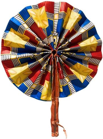 African Fabric Folding Fan - Ankara Design with Leather Accents - Perfect for Church, Wedding, or Sports Events in Saudi Arabia