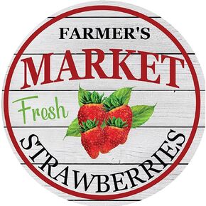Round Tin Sign Easter Strawberries Wreath Sign,Summer Strawberry Sign Metal Tin Sign Kitchen Pub Funny Novelty Coffee Bar 12x12 Inch Yard Garden Farm Man Cave