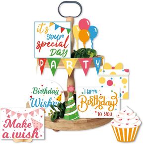 AHANDMAKER 15 Pieces Birthday Tiered Tray Decor Happy Birthday Cake Style Table Decorations Wooden Birthday Wishes Cupcake Signs Colorful Birthday Party Supplies for Birthday Party Gift Idea