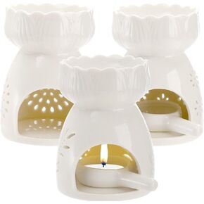 3 Pack Ceramic Tealight Candle Holder, Essential Oil Burner with Spoon, White Carved Wax Warmer Aroma Diffuser Furnace for Birthday Valentines Home Decor