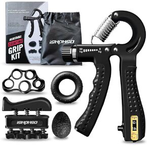 Hand Grip Strengthener,ishphso Workout Kit 5 Blue Pack Adjustable Resistance Forearm Strengthener Exerciser Finger Stretcher Grip Ring & Stress Relief Grip Ball for Athletes and Forearm Workout Ring for Hand Therapy Forearm Strength Training