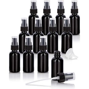 JUVITUS 1 oz / 30 ml Black Glass Luxury Boston Round Bottle with Black Treatment Pump (12 Pack) + Funnel