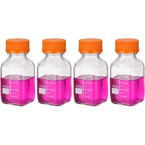 PATIKIL 4 Pack Reagent Media Storage Bottles, 250ml Borosilicate Glass Square Graduated Round Bottles with GL32 Blue Screw Cap for Lab Water Reagent Liquids, Clear