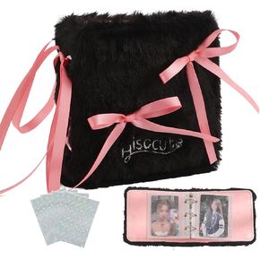 3 inch Mini Kpop Photocard Binder Kpop Photocard Holder Book, 50pcs Holographic Photocard Card Sleeves, Mini Photo Album for Photo Card Collecting 20 Page 40 Pockets (Black Plush)