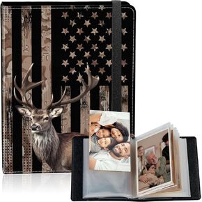 Photo Album 4x6 100 photos, Small Mini Capacity PU Leather Photo Albums with Strong Elastic Band, 4x6 Mini Photo Album for Birthday Photo Albums Wedding Anniversary, American Flag Deer