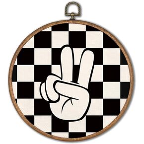 KSDUT Black and White Room Wall Art Decor - Black Checkered Preppy Textile Wall Art Canvas Frame Hanging Prints, Peace Sign Trendy Wall Art Decor for Home Girls Boys Room Dorm Decorations 8"x8"