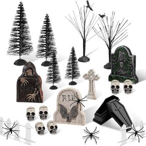 Liliful 32 Pcs Halloween Village Accessories Ornaments Set Spooky Halloween Town Set Halloween Tombstones Skeleton Tiny Trees Fake Spiders Decor Halloween Village Set for Party Town Decorations