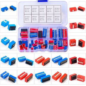 DIP Switch مجموعة متنوعة 2.54 مم الملعب 1/2/3/4/5/6/7/8/9/10Pin صف مزدوج أحمر وأزرق تشغيل وإيقاف DIP مفاتيح لدوائر لوحة توصيل PCB للإلكترونيات DIY مجموعة متنوعة