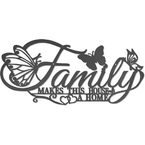 Family Metal Wall Decor Word Sign, Black Family Makes This House A Home Art Butterflies Love Heart Wall Hanging Sculpture, Iron Letters Quotes for Living Room Kitchen Decoration (B)