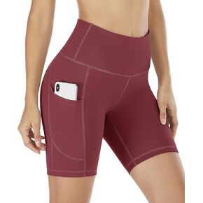 IUGA Biker Shorts Women 6" Workout Shorts Women with Pockets High Waisted Yoga Running Gym Spandex Compression Shorts Wine
