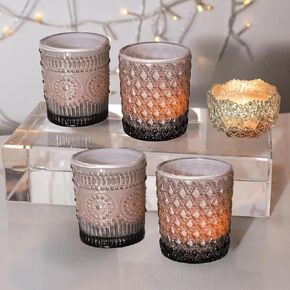 4 ps Grey Clear Glass Votive Candle Holders Vintage Candle Holder Bulk Tealight Candle Holders for Table Centerpieces Home Bridal Shower Birthday Christmas Thanksgiving Party Decor Indoor