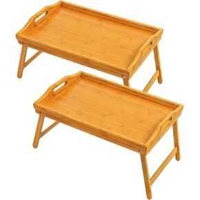 2 Pack Bed Tray Table Breakfast Trays Serving Tray Bamboo Bed Laptap with Floding Legs Handles and Phone Holders