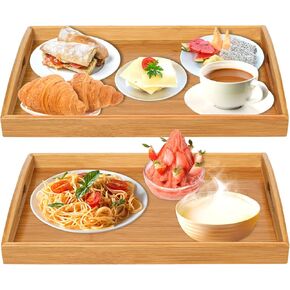 2 Pack Bamboo Serving Tray with Handles, Portable Bed Tray for Breakfast Dinner, Eating Trays for Living Room,Restaurants