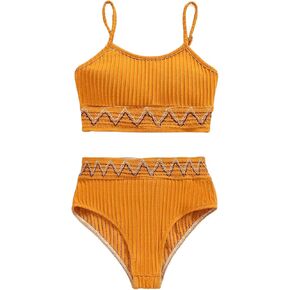 WDIRARA Girl's 2 Piece Swimsuits Ribbed Textured Chevron Pattern Bikini Swimwear Set High Waist Summer Boho Swimsuit Sets
