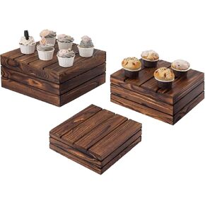 MyGift Rustic Burnt Dark Brown Solid Wood Reversible Stackable Display Box Riser Stands or Decorative Square Crate Style Nesting Storage Bins, 3-Piece Set