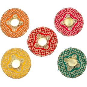 Set of 5 Decorative Mat Rangoli with T-Light Candle Holder Stand for Decorations (Red/Pink/Yellow/Green/Orange) Made up of Golden Embrodaries for Gifting Idea Size 5"