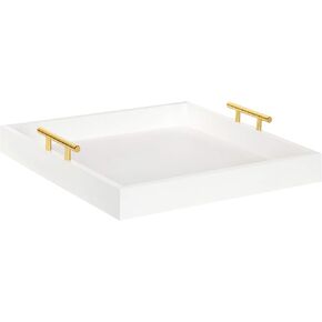 Kate and Laurel Lipton Square Decorative Wood Tray with Metal Handles, 16" x 16", White and Gold, Modern Serving Tray for Storage Or Display