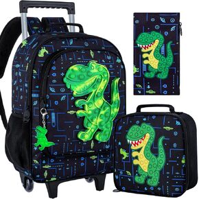 AGSDON 3PCS Rolling Backpack for Boys, Kids Roller Wheels Bookbag, Wheeled School Bag with Lunch Bag - Dinosaur Green