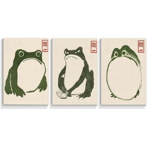xbsifyiooa Cute Japanese Frog Canvas Wall Art 3pcs 12x16in, Funny Vintage Matsumoto Framed Hoji Green Frog Posters, Wabi Sabi Aesthetic Room Decor, Eclectic Asian Animal Print Painting For Bathroom