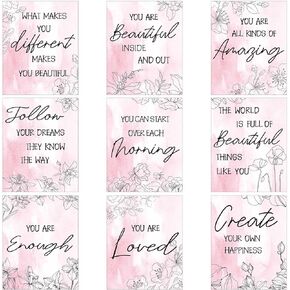 9 Pieces Inspirational Wall Decor Pink Floral Modern Art Motivational Pink Wall Decor Room Decor for Women Quote Wall Art Poster for Teen Girl Nursery Bedroom Bathroom Pictures, 8 x 10 Inch Unframed