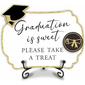 Grad Party Wooden Table Sign - Graduation Is Sweet Please Take A Treat - Buffet Sign, Treat Sign With Metal Support & 2 DIY Wood Decor With Velcro, Grad Party Decorations & Supplies - 07