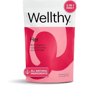 Wellthy Her Women's Daily Vegan Multivitamin for Women, Natural Ingredients for Healthy Hair, Skin, & Nails with Essential Micronutrients (30 Day)