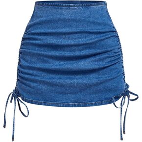 Floerns Women's Casual Summer High Waist Denim Skorts Drawstring Side Ruched Bodycon Skorts Shorts