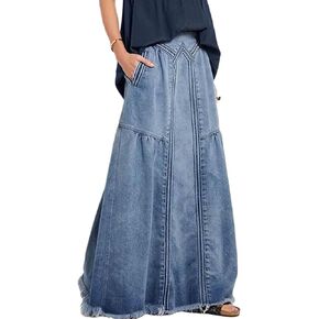 Women's Casual Elastic Large Size Women's Denim Skirt Waist Frayed Hem A-Line Distressed Hippie Long Maxi Denim Skirt