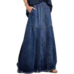 Women's Casual Elastic Large Size Women's Denim Skirt Waist Frayed Hem A-Line Distressed Hippie Long Maxi Denim Skirt