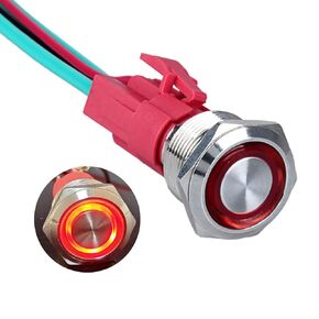 19mm Heavy Duty Momentary Metal Push Button Switch Waterproof Anti-Vandal 20Amp 12V-24V ON-Off 1NO 4 Pins with Pre-Wired Socket for 3/4" Mounting Hole Halo Ring Red LED