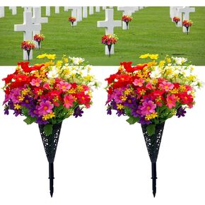 Artificial Cemetery Flowers,Set of 2 Artificial Mums Bouquet Grave Memorial Flowers with 2 Cemetery Vase with Drainage Hole Long Spikes for Cemetery Headstones Graveyard Decoration