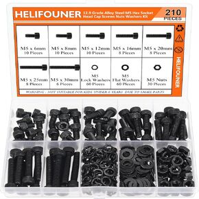 350 Pieces M4 x 6mm /8mm /12mm /16mm /20mm /25mm /30mm, Hex Socket Head Cap Screws Bolts Washers Nuts Kit, 12.9 Grade Alloy Steel, Full Threaded, Black