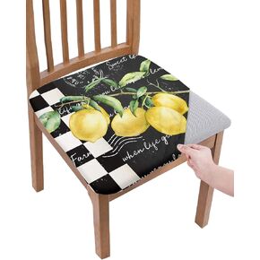 Dining Room Chair Seat Covers, Summer Vintage Farm Lemon Black and White Buffalo Check Removable Stretch Chair Seat Cushion Slipcovers Protector for Holiday Party Festival Decoration, Set of 4