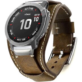 Leather Bands Compatible with Garmin Fenix 6X/6X Pro/5X/5X Plus/3/3 HR/Sapphire/D2/Foretrek 601/701/Quatix 3/Tactix Bravo/Descent Mk1 Smartwatch, 26mm Quick Fit Genuine Leather Cuff Band Strap for Men Women